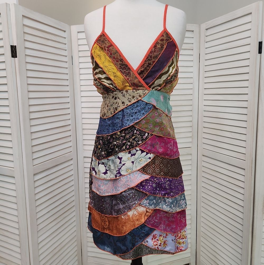 Silly Yeti Multicolor Patchwork Satin Slip Dress - Boho Tiered Vibes Size M